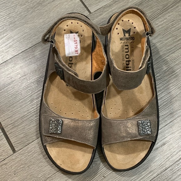 Mephisto Mobile MARYSE Taupe Leather Wedge Adjustable Strap Sandals size 40 = 10 - Picture 1 of 12
